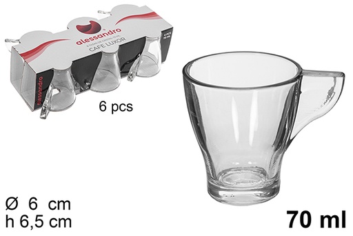 [114535] Pack 6 tasses à café en verre avec anse Luxor 70 ml