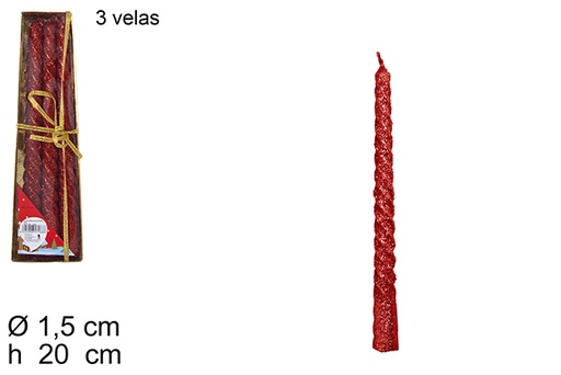 [114629] 3 velas espiral roja purpurina 20cm