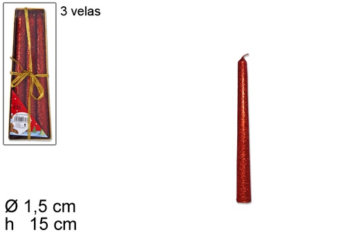 [114631] 3 velas lisa roja purpurina 15cm