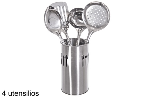 [114674] Porta cubiertos con 4 utensilios cocina acero inoxidable