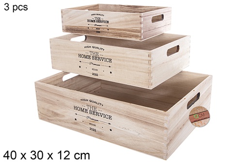 [114792] Pack 3 scatole in legno naturale decorato 40x30 cm