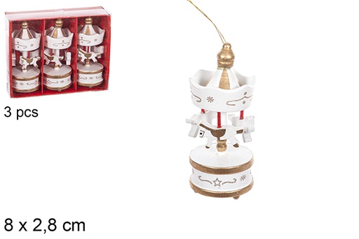 [114917] Pack 3 mini carrossel de Natal em madeira branco e dourado 8x2,8 cm