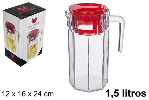 [114948] Pichet pour eau en verre avec couvercle rouge Carol 1,5 l.