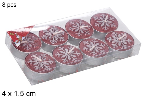 [114966] Pack 8 velas vermelhas decoradas com flocos de neve 4x1,5 cm