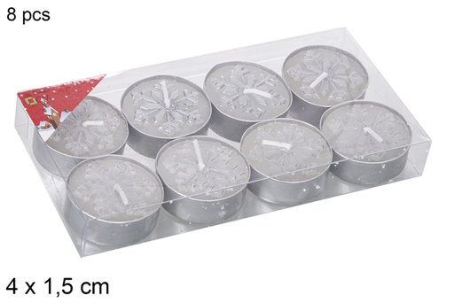 [114991] Pack 8 velas prateadas decoradas com floco de neve 4x1,5 cm