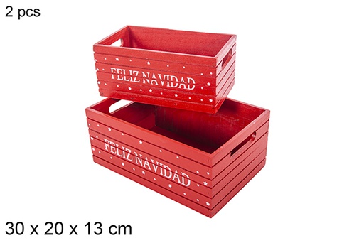 [115036] Pack 2 caisses en bois de Noël rouges à décorer Feliz Navidad 30x20x13 cm