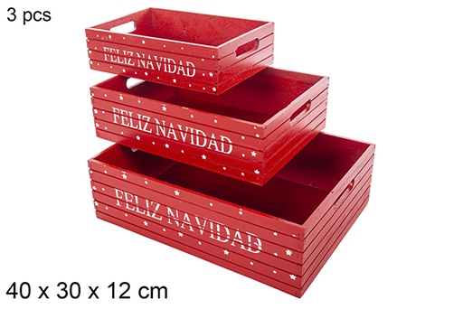 [115040] Pack 3 caissettes en bois de Noël rouges à décorer Feliz Navidad 40x30x12 cm