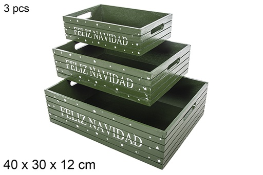 [115041] Pack 3 caixas de Natal em madeira cor verde decoram Feliz Navidad 40x30x12 cm