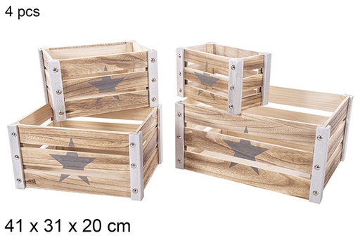 [115043] Pack 4 scatole natalizie in legno decorate argento stella 41x31x20 cm
