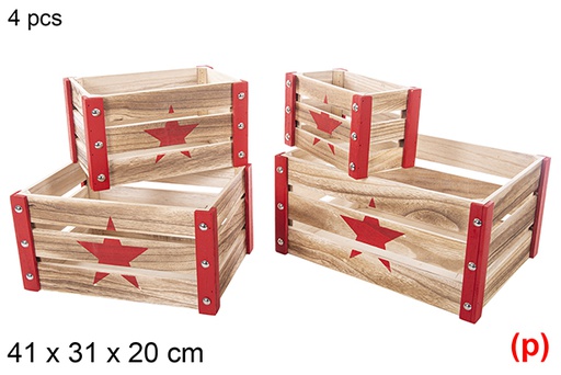 [115044]  Lot de 4 caisses en bois de Noël rouge décor étoile 41x31x20cm