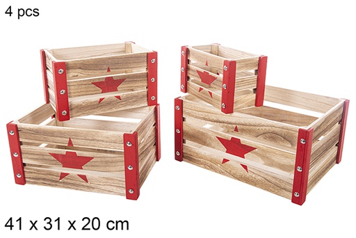 [115044] Pack 4 caisses en bois de Noël rouge décor étoile 41x31x20 cm