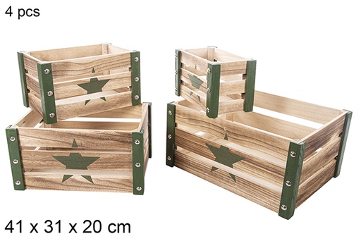 [115045] Conjunto de 4 caixas de madeira de Natal verdes decoradas estrela 41x31x20cm