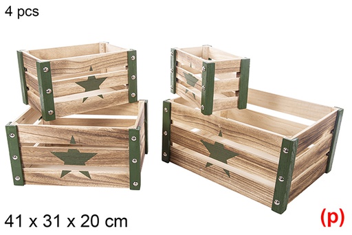 [115045] Lot de 4 caisses en bois de Noël vert décor étoile 41x31x20cm