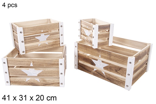 [115046] Pack 4 caisses en bois de Noël blanc décor étoile 41x31x20 cm