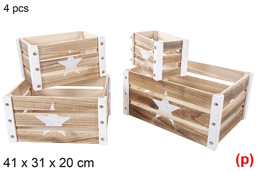 [115046] Pack 4 cajas madera Navidad blanca decorar estrella 41x31x20 cm