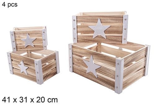 [115048] Pack 4 boîtes de Noël en bois argent décor étoile 3D 41x31x20 cm