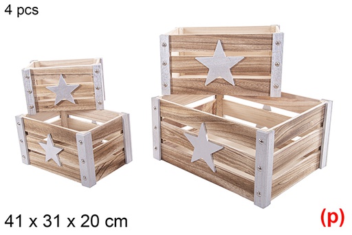 [115048] Pack 4 cajas madera Navidad plata decorar estrella 3D 41x31x20 cm