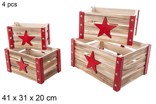 [115049] Pack 4 caisses en bois de Noël rouge décor étoile 3D 41x31x20 cm