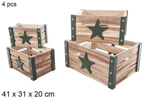 [115051] Pack 4 caisses en bois de Noël vert décor étoile 3D 41x31x20 cm