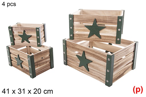 [115051] Pack 4 scatole di legno natalizie verdi decoro stella 3D 41x31x20 cm