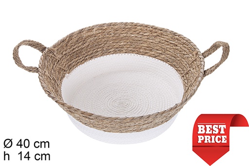 [115079] Cesta redonda seagrass y cuerda de papel blanco con asas 40x14 cm