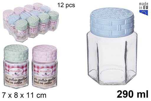 [115392] Hexagonal glass jar with rattan lid pastel colors 290 ml