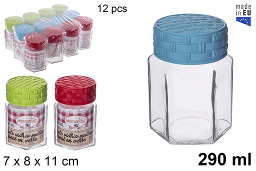 [115393] Hexagonal glass jar with rattan lid assorted colors 290 ml 