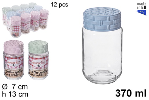 [115396] Barattolo di vetro con coperchio in rattan colori pastello 370 ml