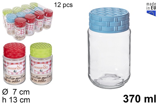 [115397] Glass jar with rattan lid assorted colors 370 ml