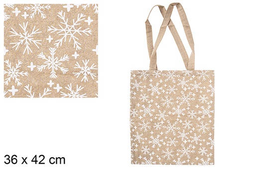 [115589] Beige/gold Christmas fabric bag decorated with snowflakes 36x42 cm