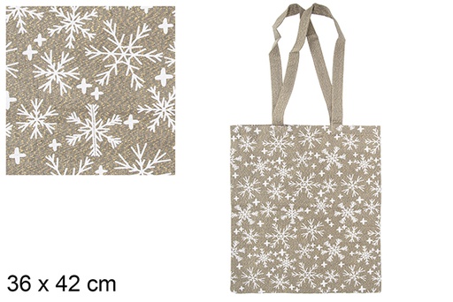 [115590] Sac en tissu de Noël beige/or décoré de flocons de neige 36x42 cm