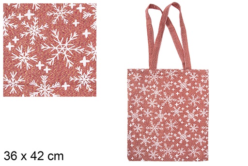 [115593] Borsa natalizia in tessuto rosso/oro decorata con fiocchi di neve 36x42 cm