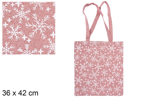 [115596] Sac en tissu de Noël rouge/or décoré de flocons de neige 36x42 cm