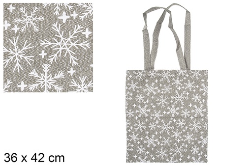 [115595] Sac en tissu de Noël vert/argent décoré de flocons de neige 36x42 cm