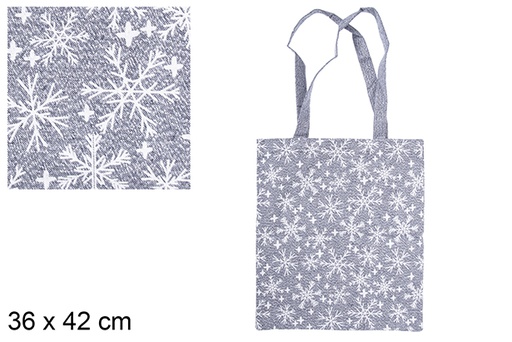 [115606] Sac en tissu de Noël bleu marine/argent décoré de flocons de neige 36x42 cm