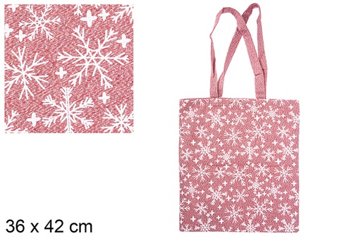 [115607] Bolsa tela Navidad rojo/plata decorada copos de nieve 36x42 cm