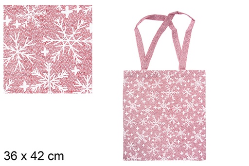 [115608] Bolsa tela Navidad rojo/plata decorada copos de nieve 36x42 cm