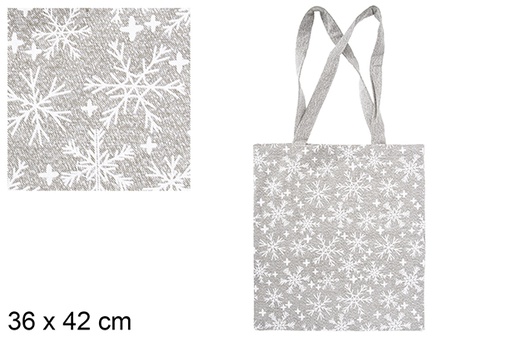 [115609] Sac en tissu de Noël vert/argent décoré de flocons de neige 36x42 cm