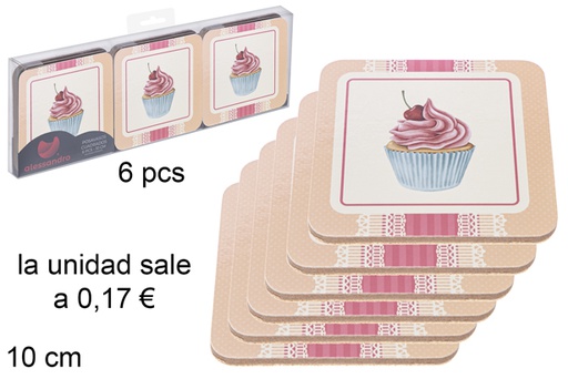 [115676] Pack 6 dessous de verre carré cake décorés 10 cm