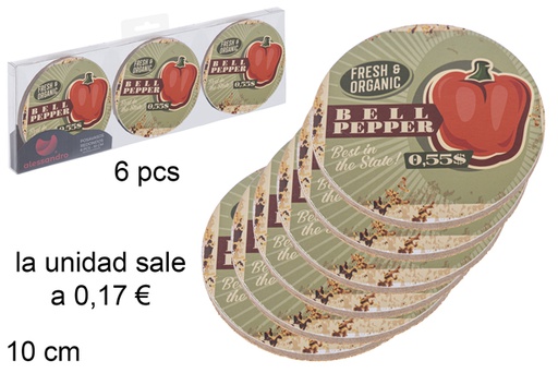 [115678] Pack 6 dessous de verre rond bell pepper décorés 10 cm