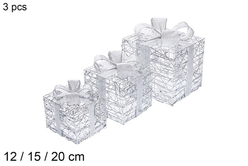 [115817] Pack 3 caixas de luz com lacinho de glitter prateado