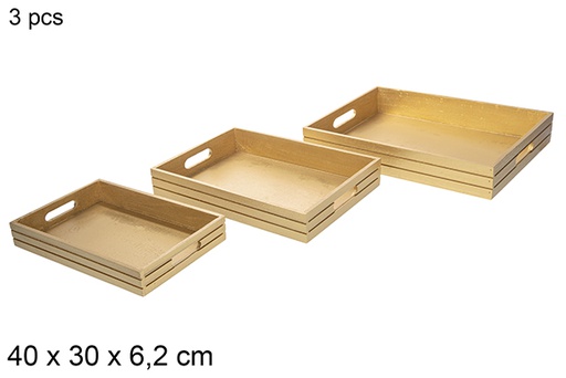 [115865] Pack 3 plateaux de Noël en bois couleur or 40x30 cm