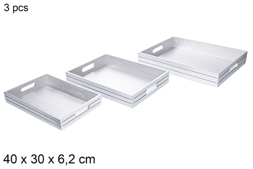 [115866] Pack 3 vassoi natalizi in legno argento 40x30x6,2 cm