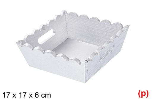 [115882] silver corrugated wooden christmas tray 17x17x6cm