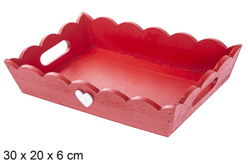 [115923] Plateau de Noël en bois ondulé rouge décoré de coeur 30x20x6 cm