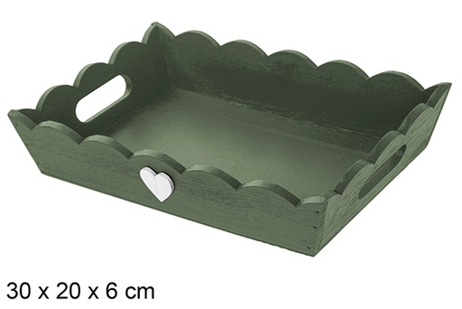 [115924] Bandeja madera ondulada Navidad decorada corazón color verde 30x20 cm