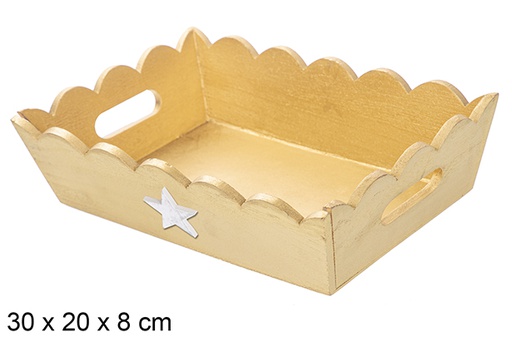 [115925] Bandeja de Natal de madeira ondulada ouro decorada com estrela 30x20x8 cm