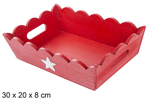 [115927] Plateau de Noël en bois ondulé rouge décoré d'étoile 30x20x8 cm