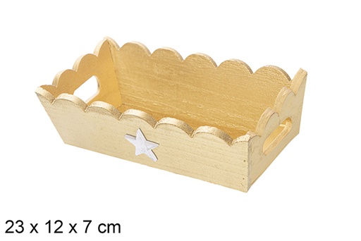 [115929] Plateau de Noël en bois ondulé doré décoré d'étoile 23x12x7 cm