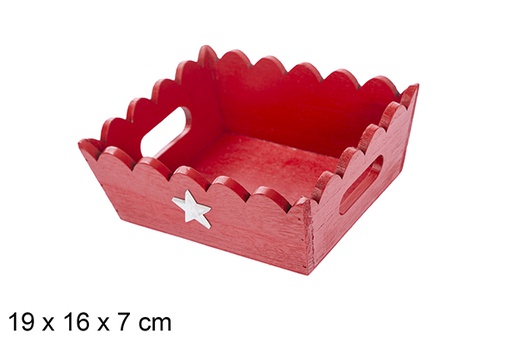 [115935] Plateau de Noël en bois ondulé rouge décoré d'étoile 19x16x7 cm